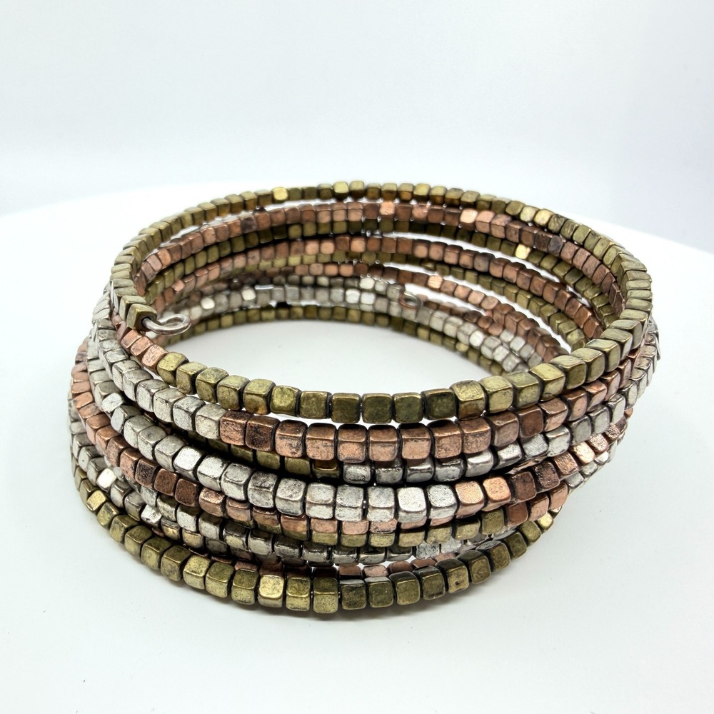 Vintage Mixed Metal Tri Tone Cube Bead Memory Wire Wrap Cuff Bracelet Bohemian
